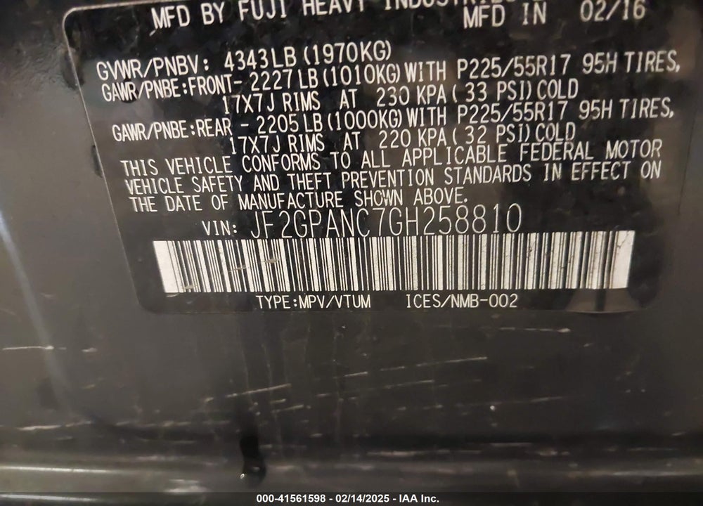 2016 SUBARU CROSSTREK VIN: JF2GPANC7GH258810