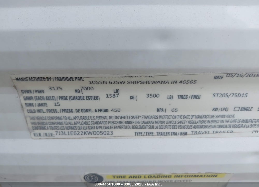 2019 UNKNOWN CT VIN: 7J3L1E628KW005023