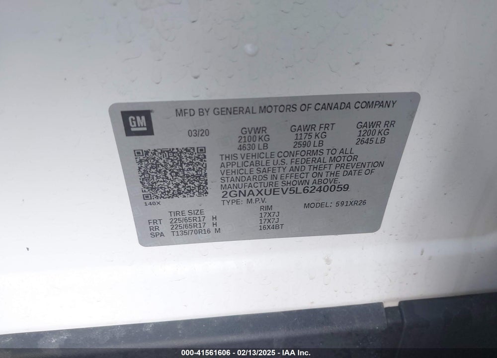 2020 CHEVROLET EQUINOX VIN: 2GNAXUEV5L6240059