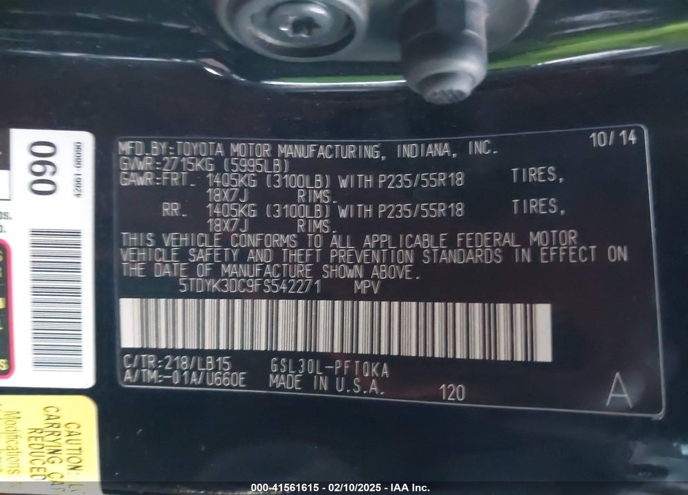 2015 TOYOTA SIENNA LIMITED 7 PASSENGER VIN: 5TDYK3DC9FS542271