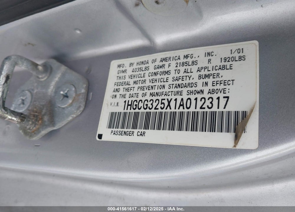 2001 HONDA ACCORD 2.3 EX VIN: 1HGCG325X1A012317