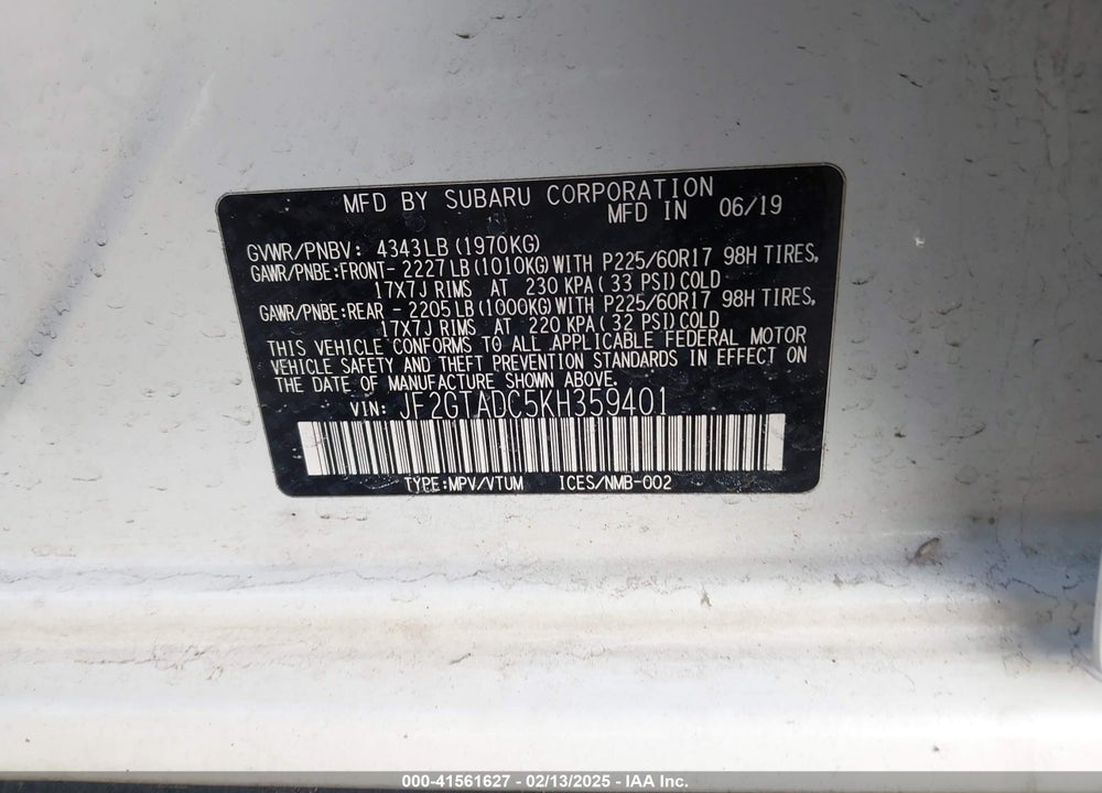 2019 SUBARU CROSSTREK 2.0I PREMIUM VIN: JF2GTADC5KH359401