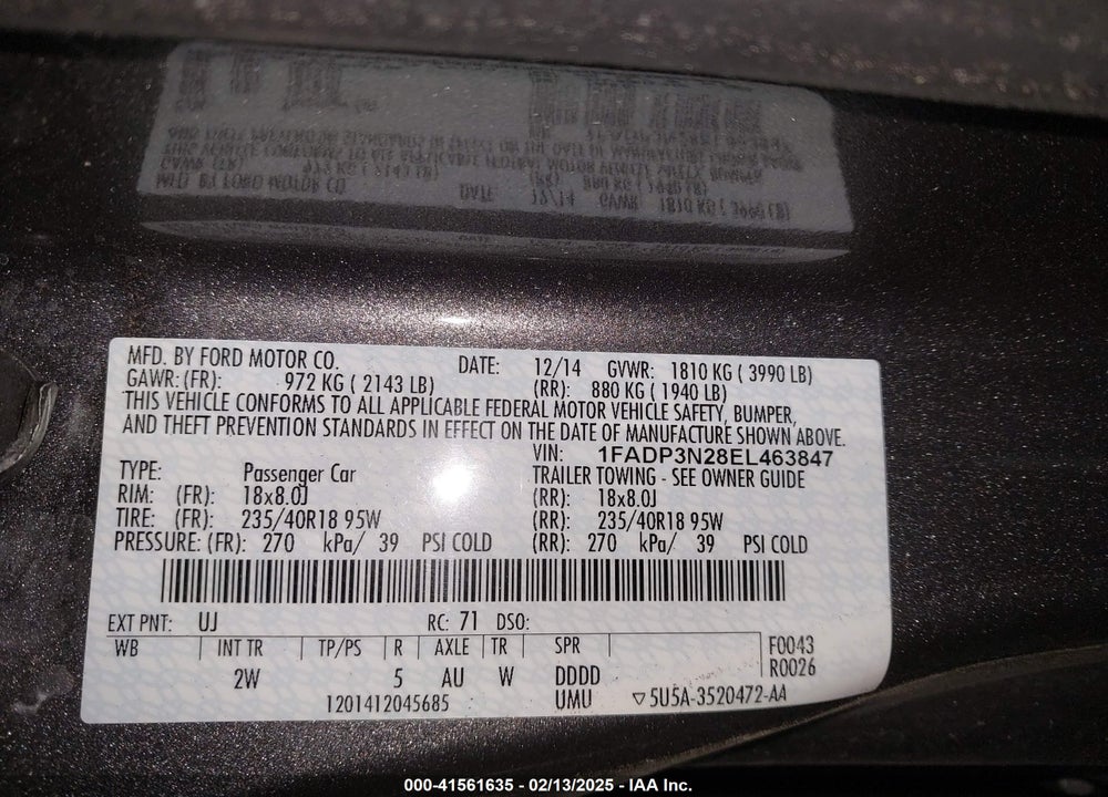 2014 FORD FOCUS VIN: 1FADP3N28EL463847