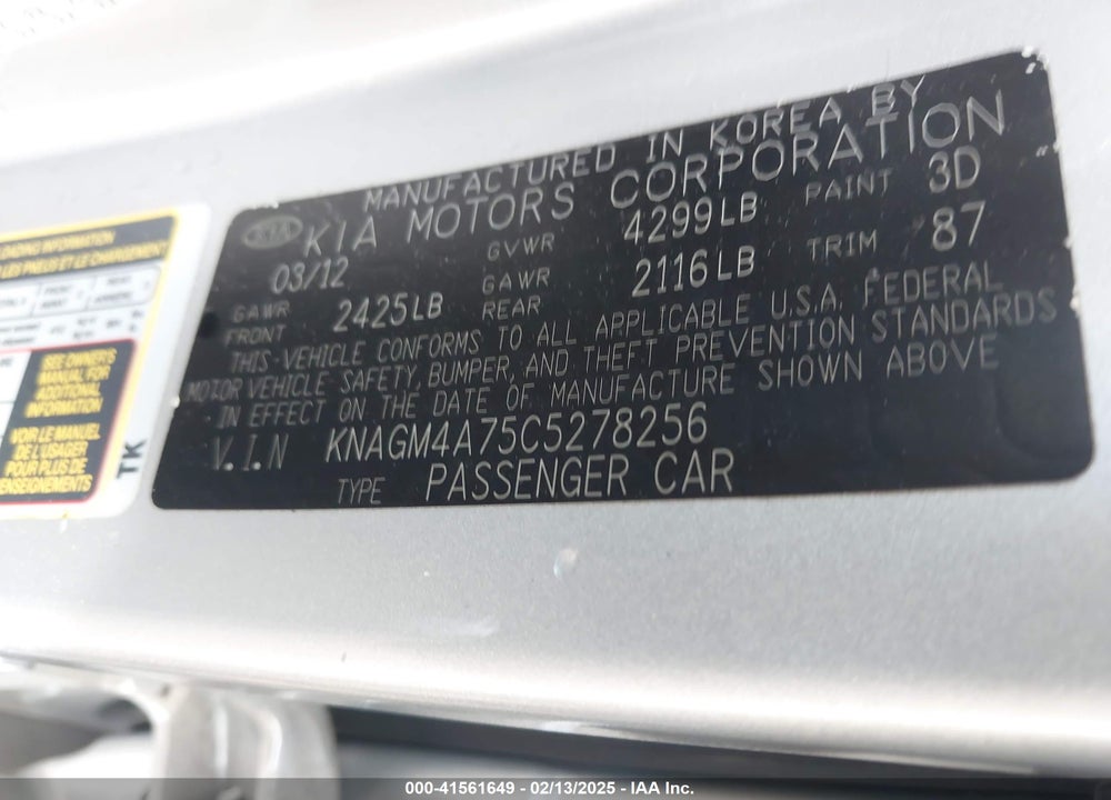 2012 KIA OPTIMA LX VIN: KNAGM4A75C5278256