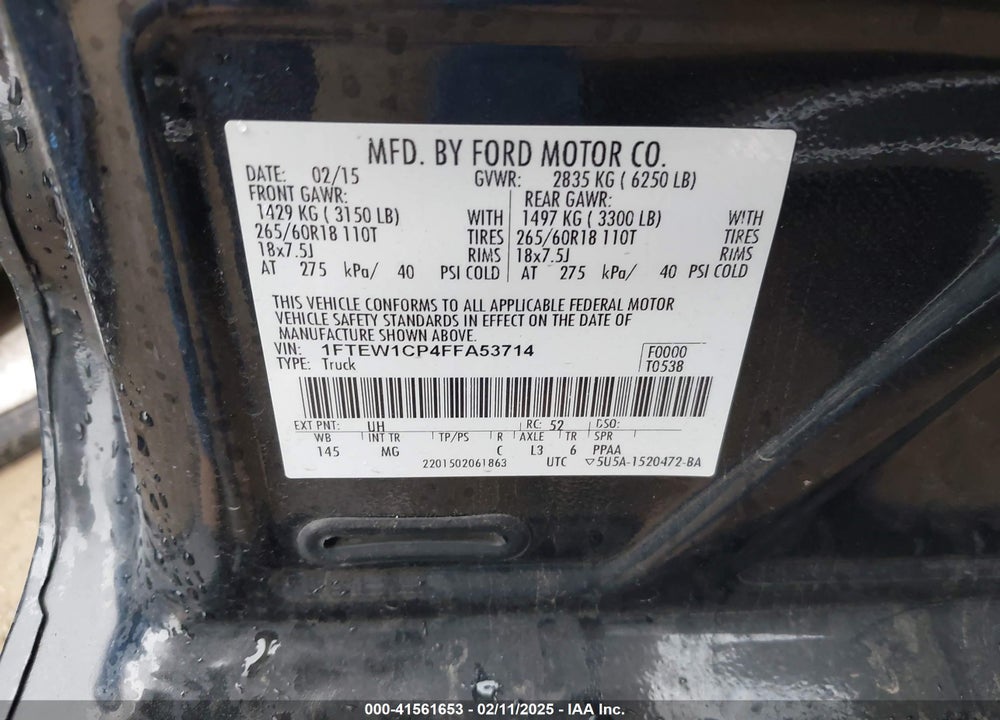 2015 FORD F-150 VIN: 1FTEW1CP4FFA53714