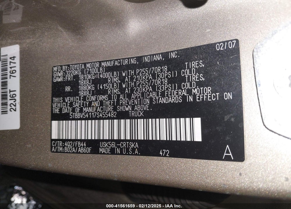 2007 TOYOTA TUNDRA SR5 5.7L V8 VIN: 5TBBV54117S455482