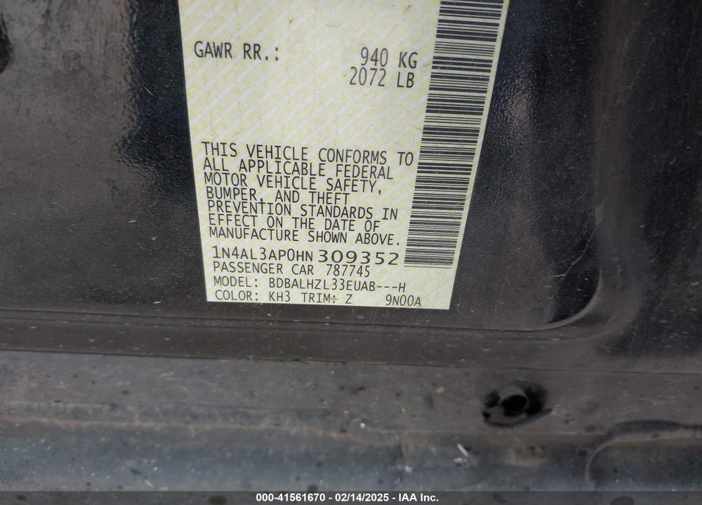 2017 NISSAN ALTIMA VIN: 1N4AL3AP0HN309352