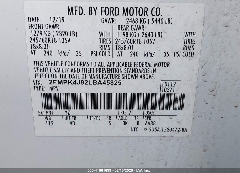 2020 FORD EDGE SEL VIN: 2FMPK4J92LBA45825