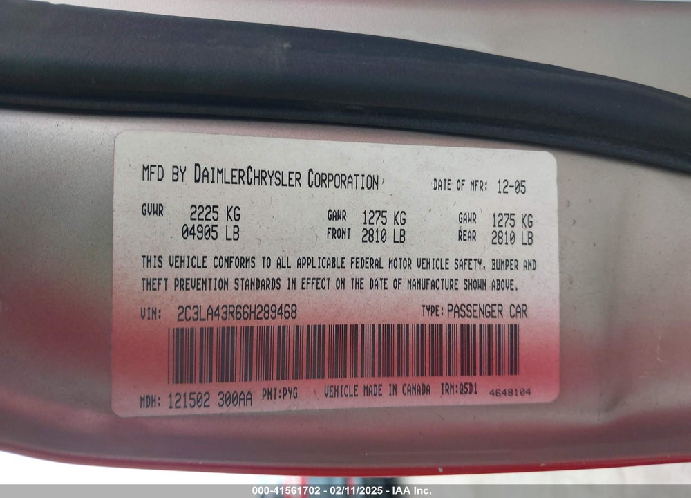 2006 CHRYSLER 300 VIN: 2C3LA43R66H289468
