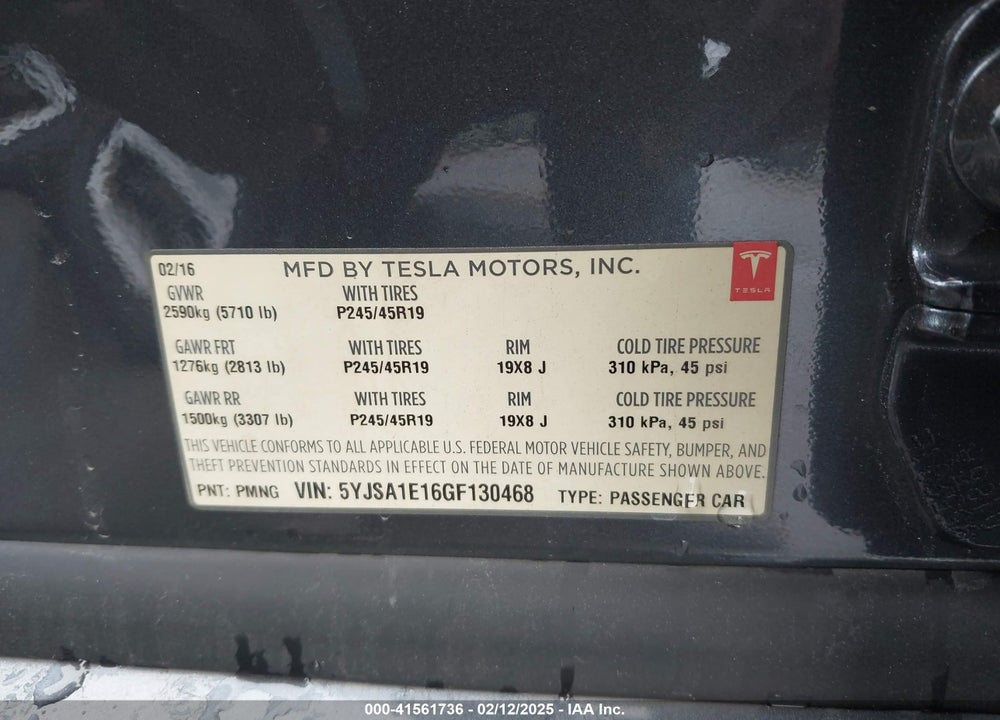 2016 TESLA S VIN: 5YJSA1E16GF130468