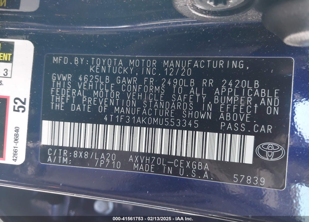 2021 TOYOTA CAMRY VIN: 4T1F31AK0MU553345