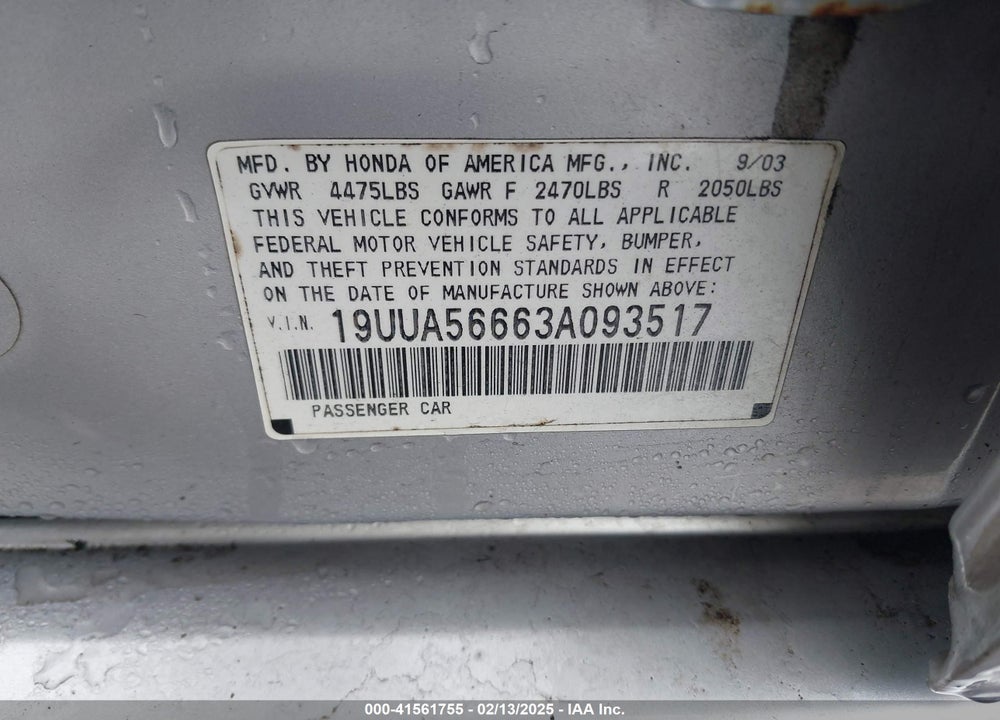 2003 ACURA TL 3.2 VIN: 19UUA56663A093517