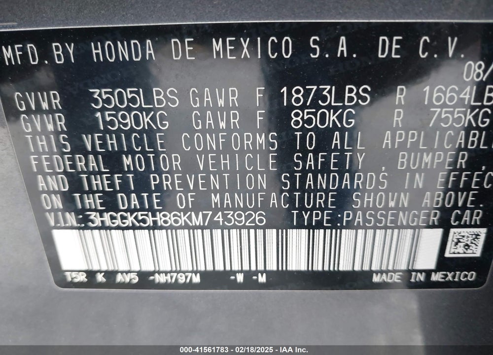 2019 HONDA FIT VIN: 3HGGK5H86KM743926