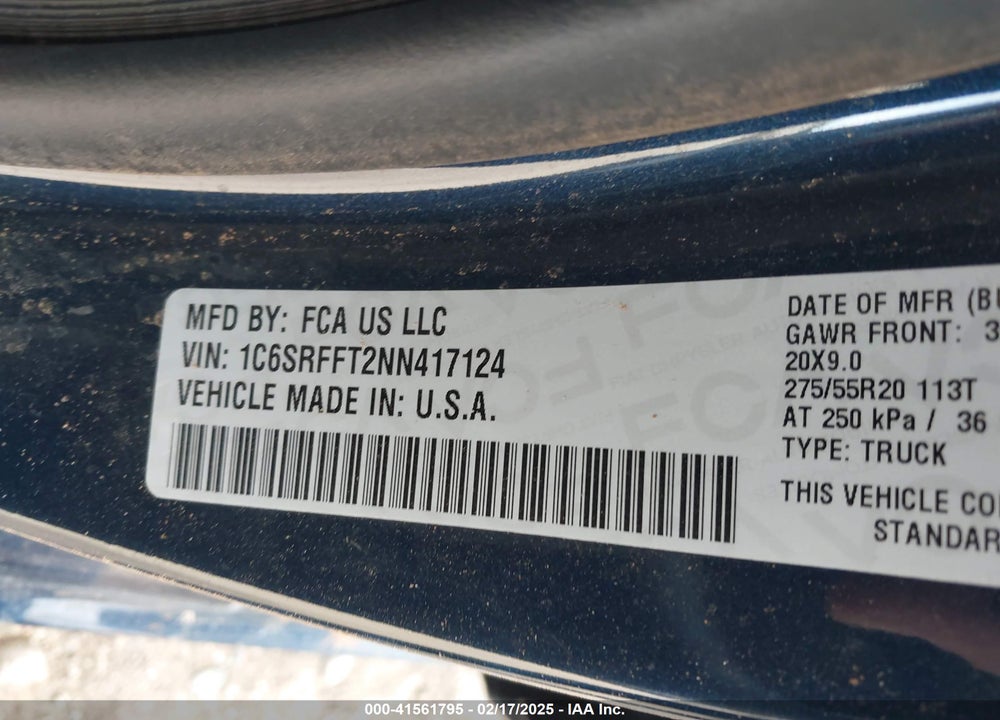2022 RAM 1500 VIN: 1C6SRFFT2NN417124