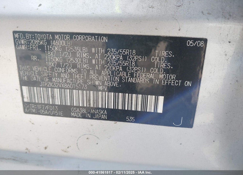 2008 TOYOTA RAV4 SPORT V6 VIN: JTMZK32VX86015173