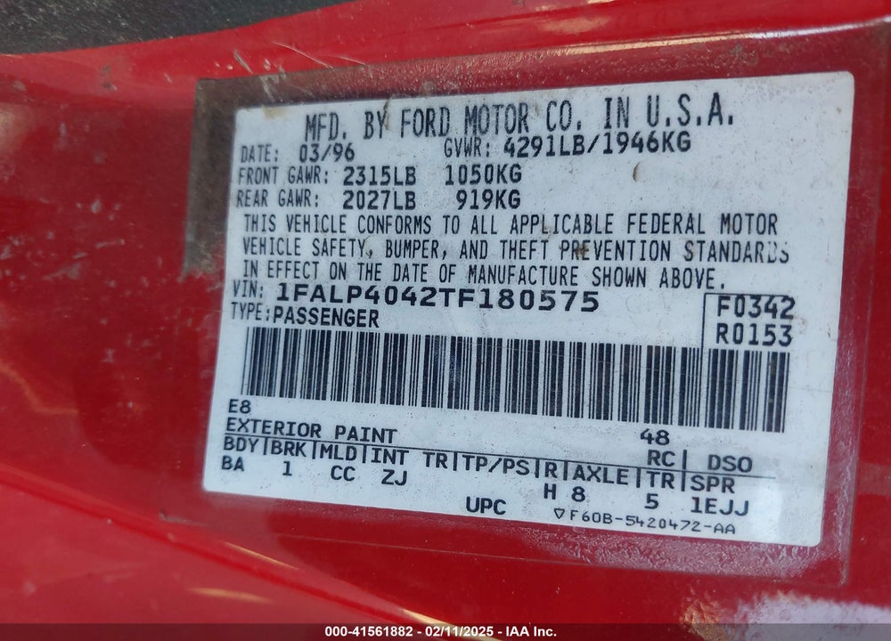 1996 FORD MUSTANG VIN: 1FALP4042TF180575