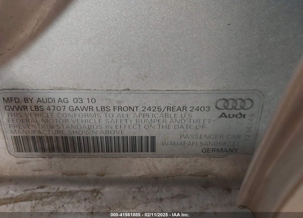 2010 AUDI A4 VIN: WAUAFAFL5AN058231