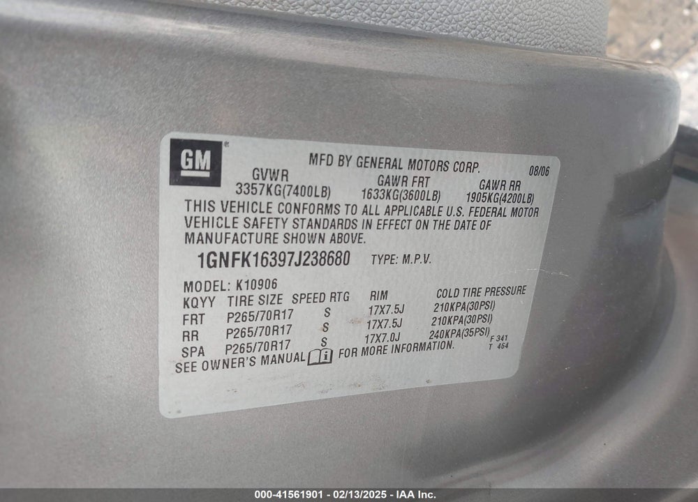 2007 CHEVROLET SUBURBAN 1500 LT VIN: 1GNFK16397J238680