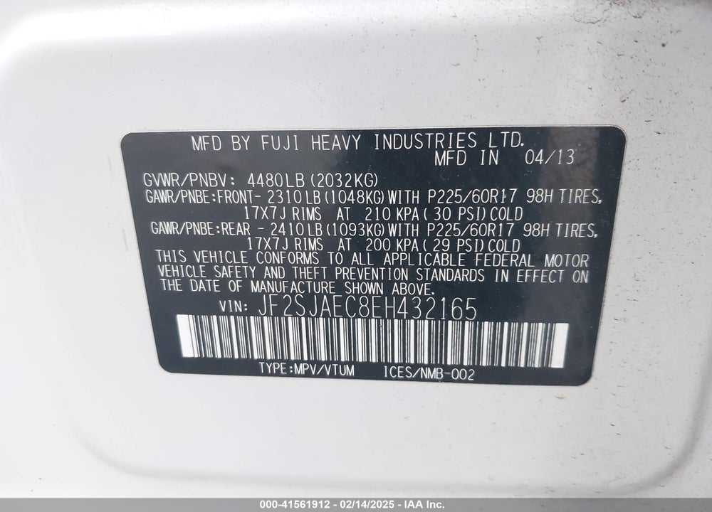 2014 SUBARU FORESTER VIN: JF2SJAEC8EH432165