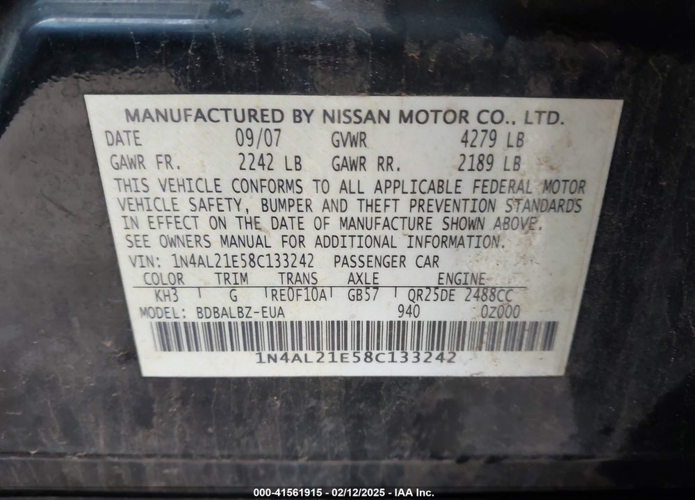 2008 NISSAN ALTIMA 2.5 S VIN: 1N4AL21E58C133242
