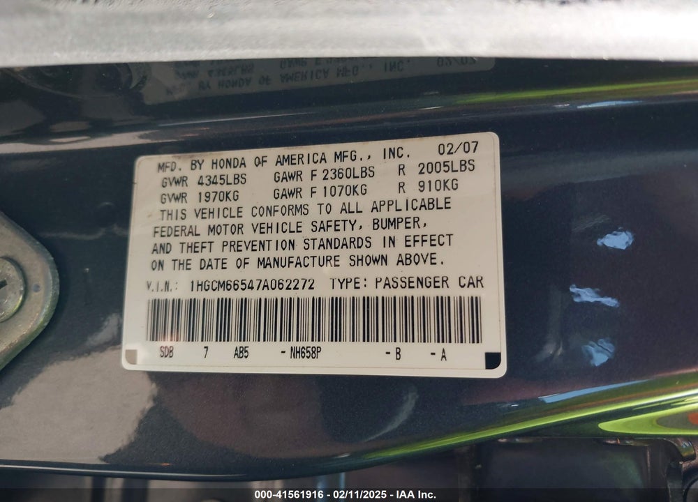 2007 HONDA ACCORD 3.0 EX VIN: 1HGCM66547A062272