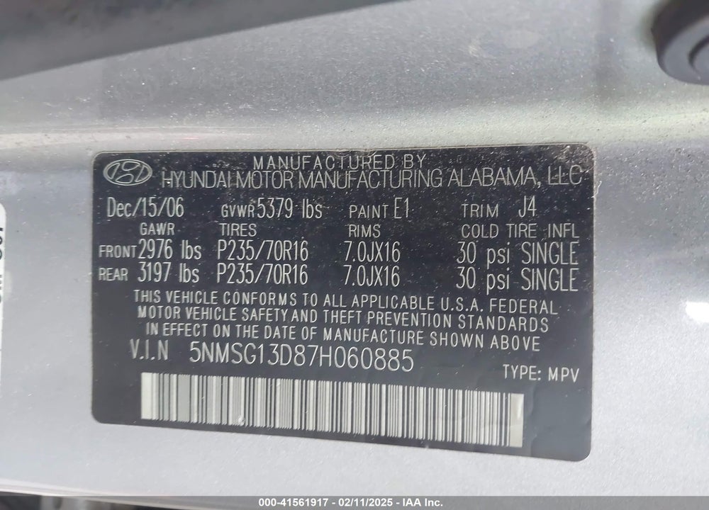 2007 HYUNDAI SANTA FE GLS VIN: 5NMSG13D87H060885