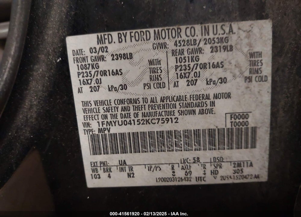 2002 FORD ESCAPE XLT VIN: 1FMYU04152KC75912