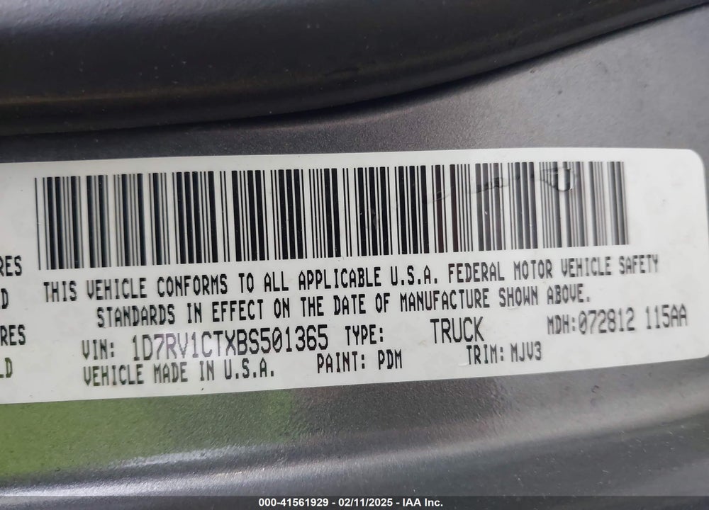 2011 RAM 1500 SLT VIN: 1D7RV1CTXBS501365