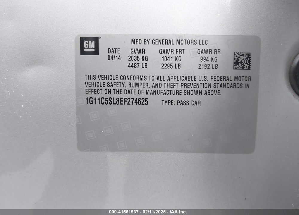 2014 CHEVROLET MALIBU 1LT VIN: 1G11C5SL8EF274625