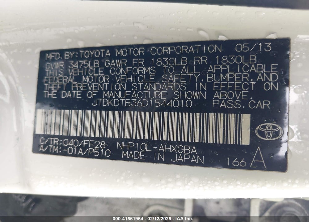2013 TOYOTA PRIUS C VIN: JTDKDTB36D1544010