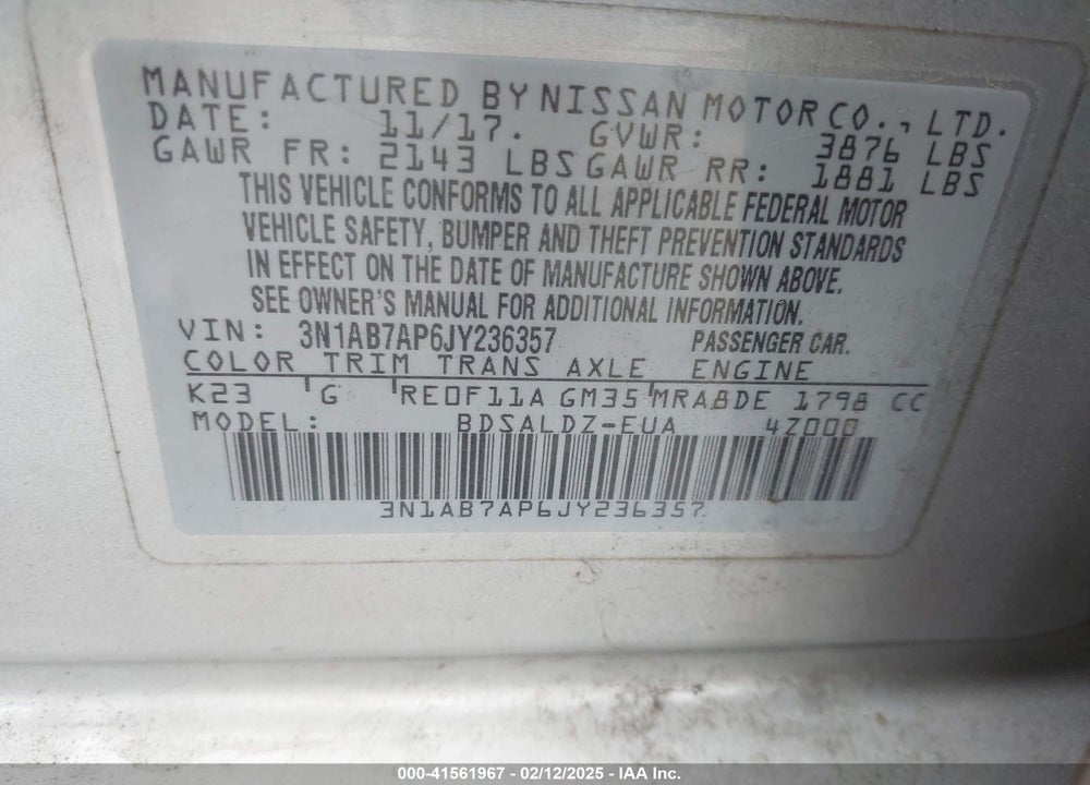2018 NISSAN SENTRA VIN: 3N1AB7AP6JY236357