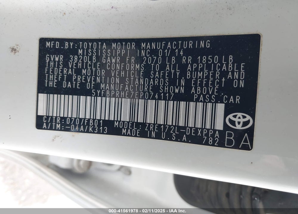 2014 TOYOTA COROLLA VIN: 5YFBPRHE7EP074117