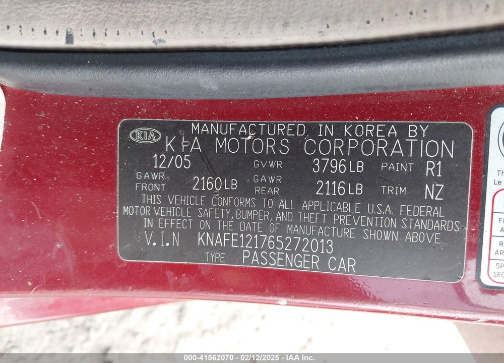 2006 KIA SPECTRA VIN: KNAFE121765272013