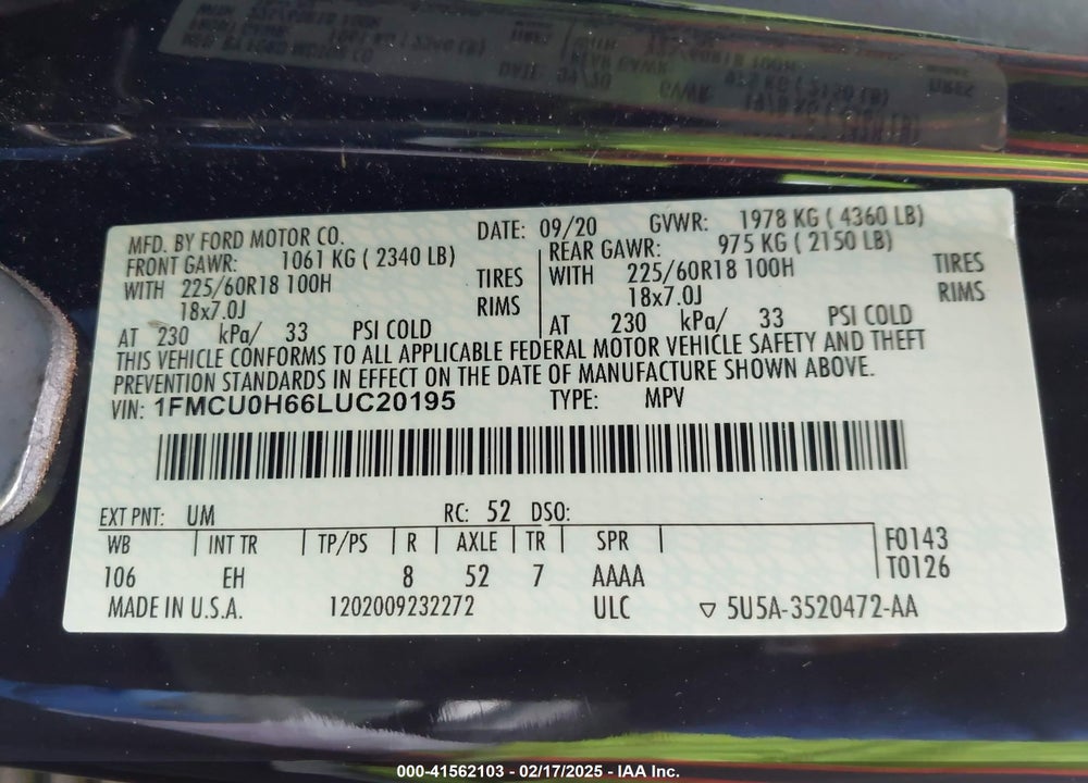 2020 FORD ESCAPE VIN: 1FMCU0H66LUC20195