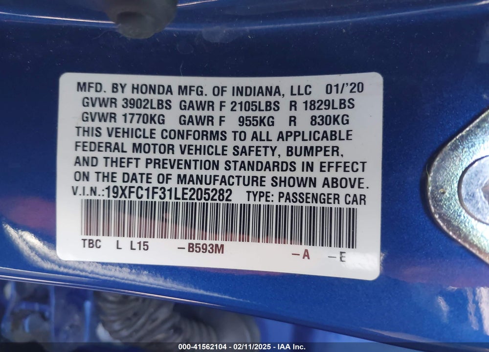 2020 HONDA CIVIC VIN: 19XFC1F31LE205282