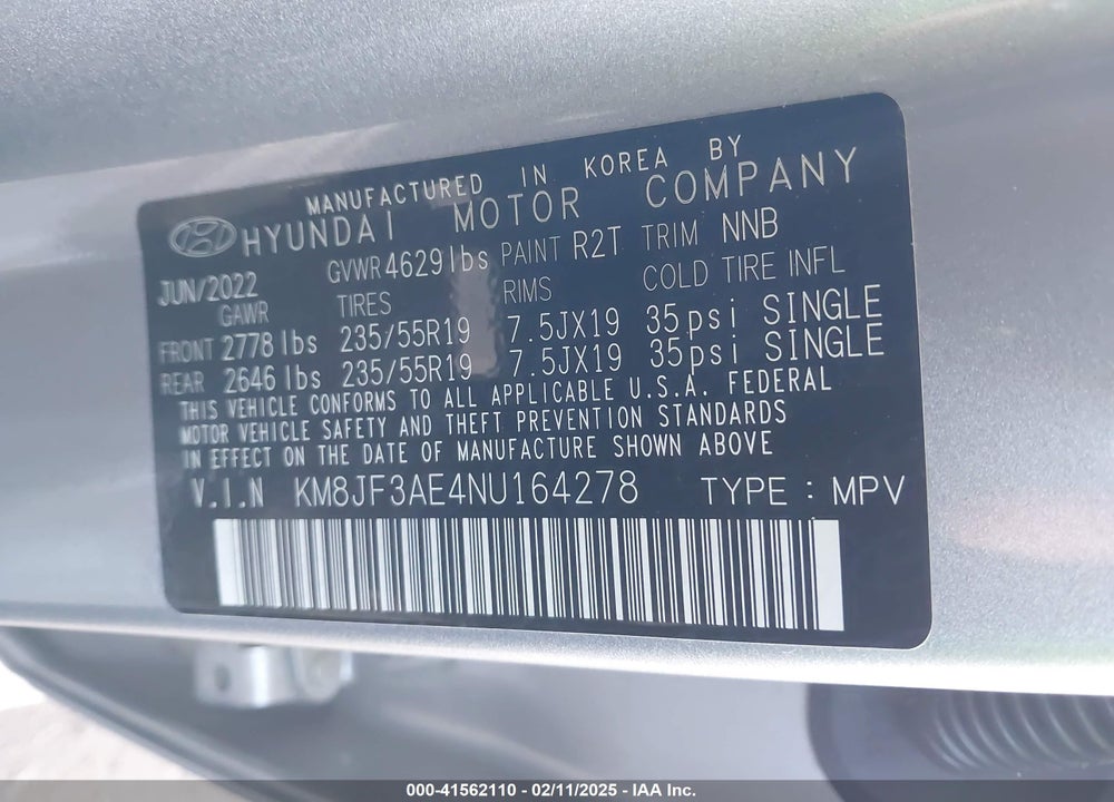 2022 HYUNDAI TUCSON XRT VIN: KM8JF3AE4NU164278
