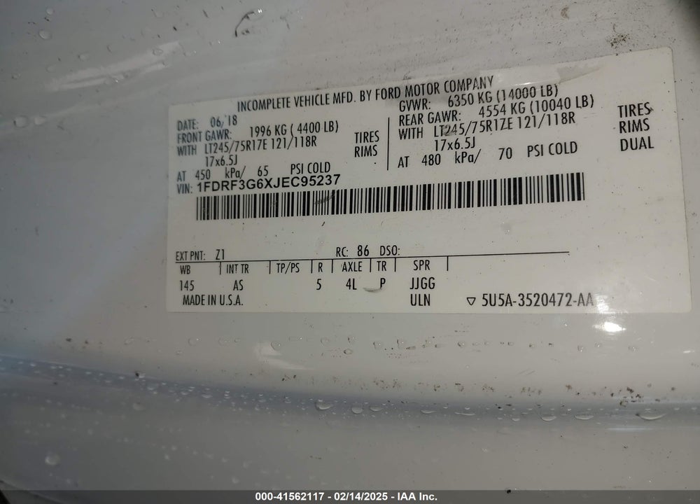 2018 FORD F-350 CHASSIS XL VIN: 1FDRF3G6XJEC95237