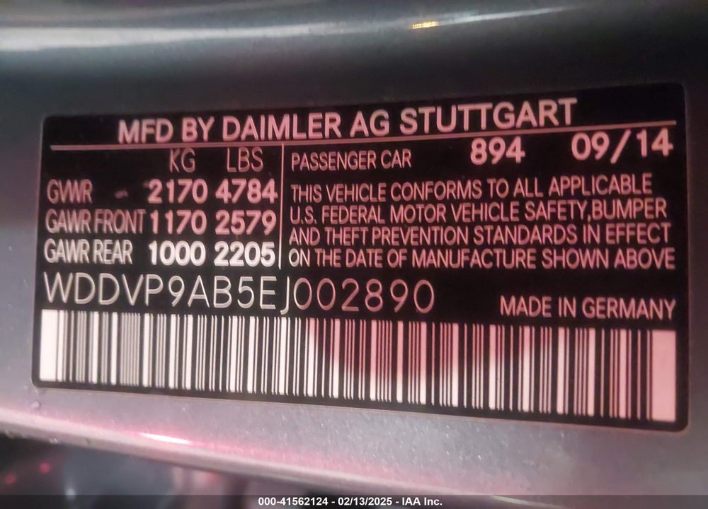 2014 MERCEDES-BENZ B-CLASS ELECTRIC DRIVE VIN: WDDVP9AB5EJ002890