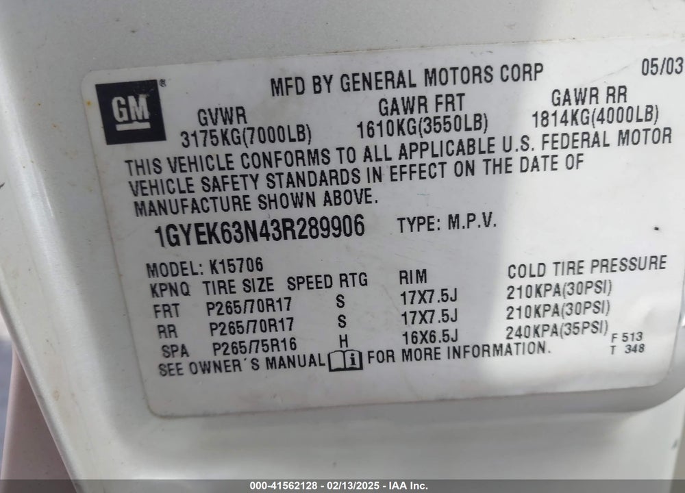 2003 CADILLAC ESCALADE STANDARD VIN: 1GYEK63N43R289906
