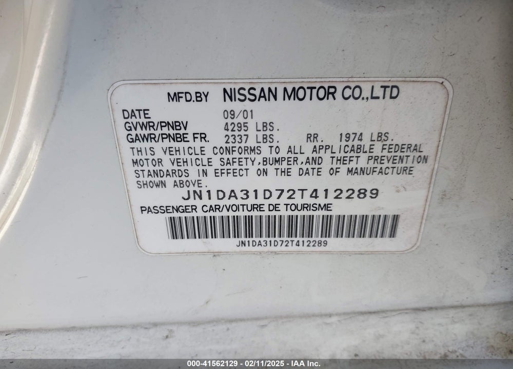 2002 NISSAN MAXIMA VIN: JN1DA31D72T412289