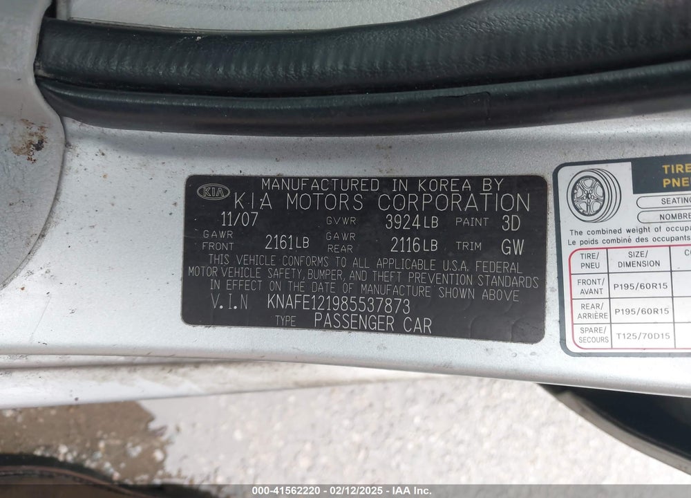 2008 KIA SPECTRA VIN: KNAFE121985537873