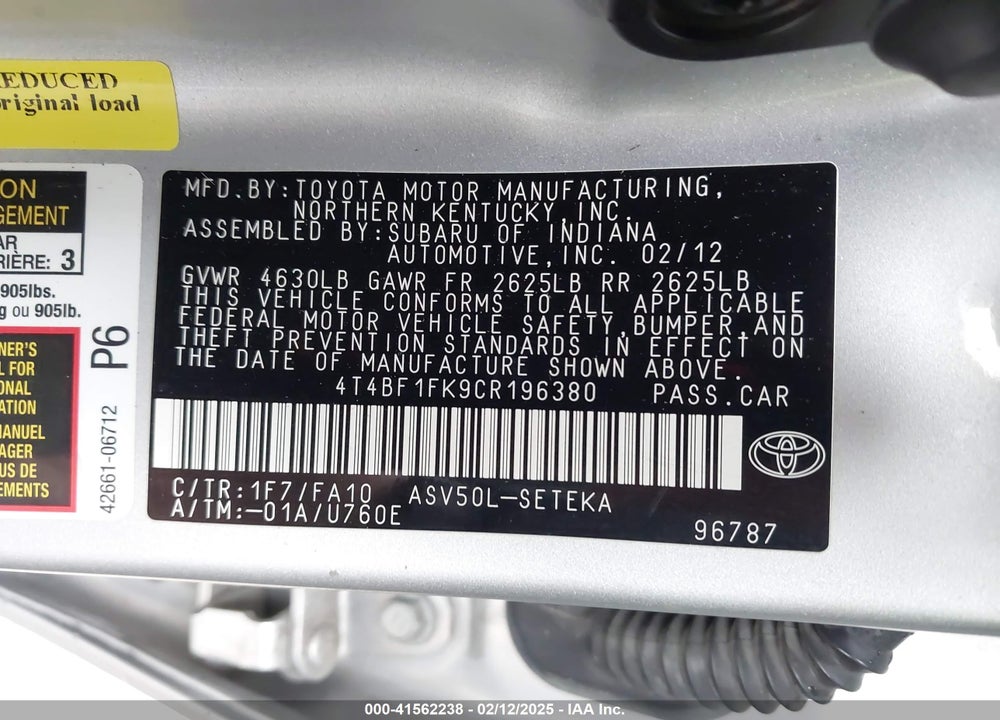 2012 TOYOTA CAMRY VIN: 4T4BF1FK9CR196380