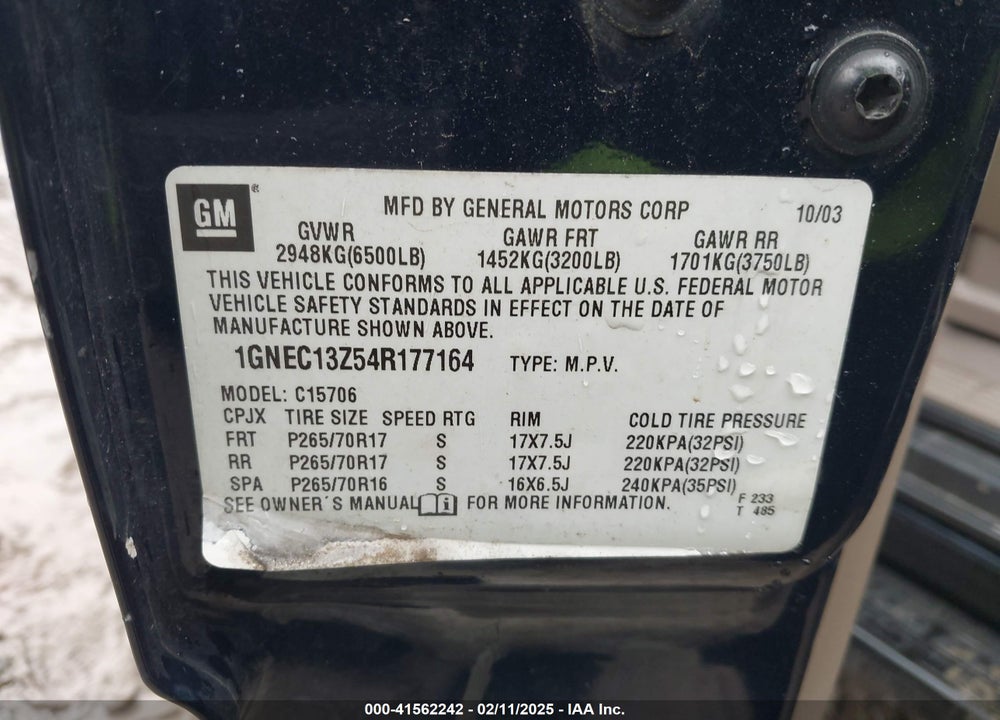 2004 CHEVROLET TAHOE LS VIN: 1GNEC13Z54R177164