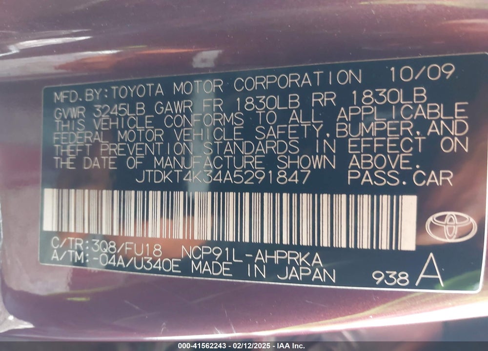 2010 TOYOTA YARIS VIN: JTDKT4K34A5291847