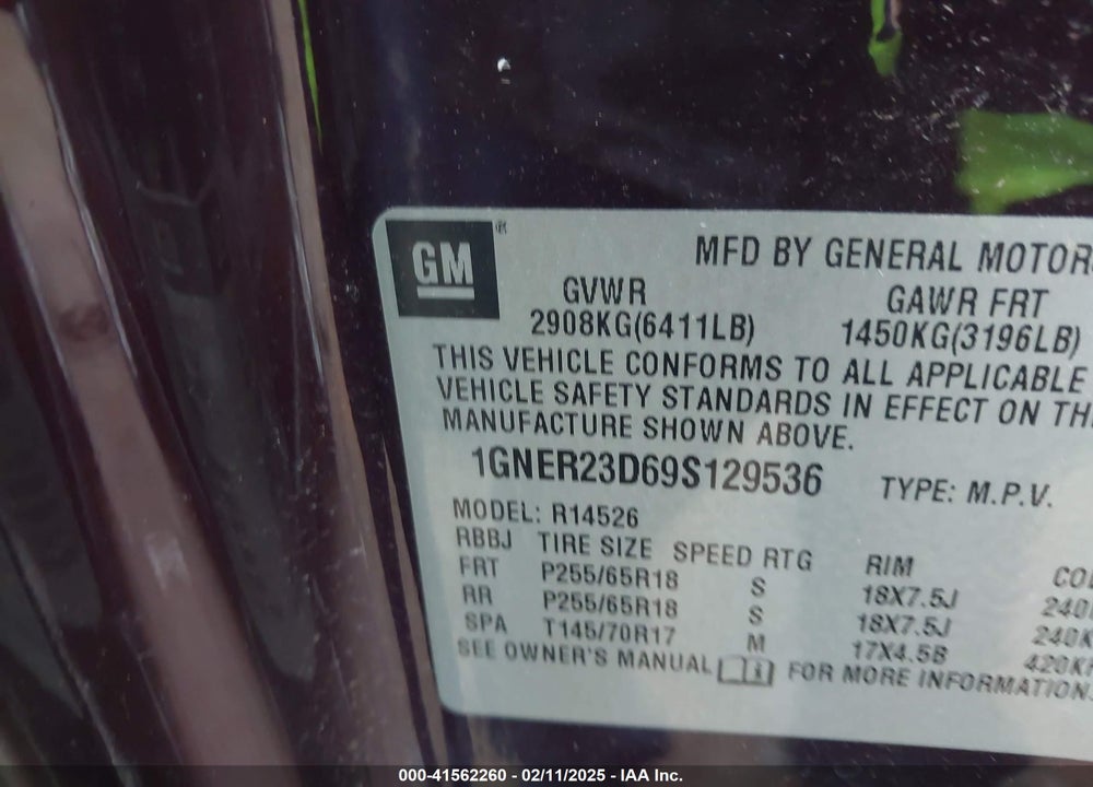2009 CHEVROLET TRAVERSE VIN: 1GNER23D69S129536