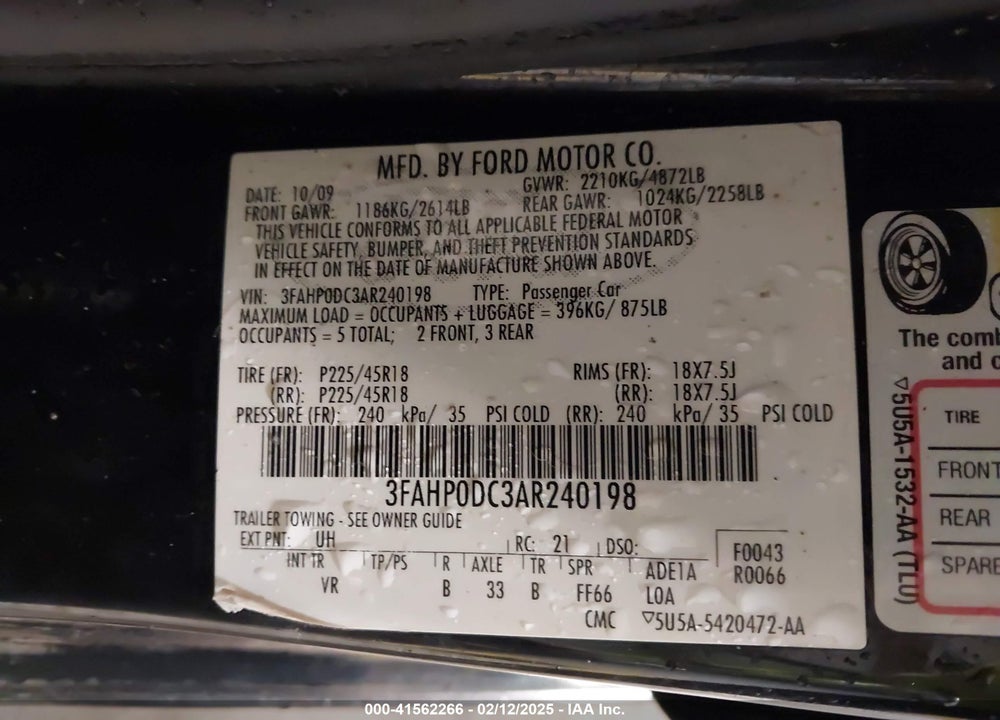 2010 FORD FUSION VIN: 3FAHP0DC3AR240198