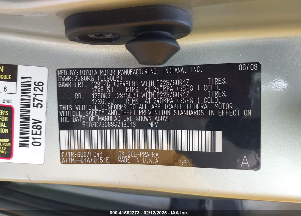 2008 TOYOTA SIENNA LE VIN: 5TDZK23C88S218019