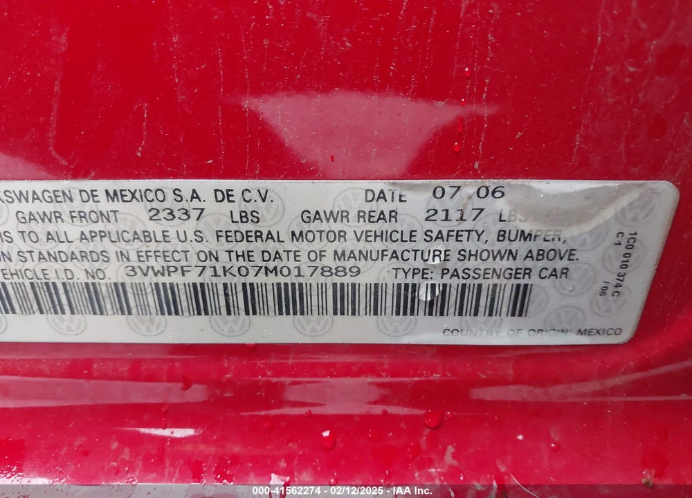 2007 VOLKSWAGEN JETTA 2.5 VIN: 3VWPF71K07M017889