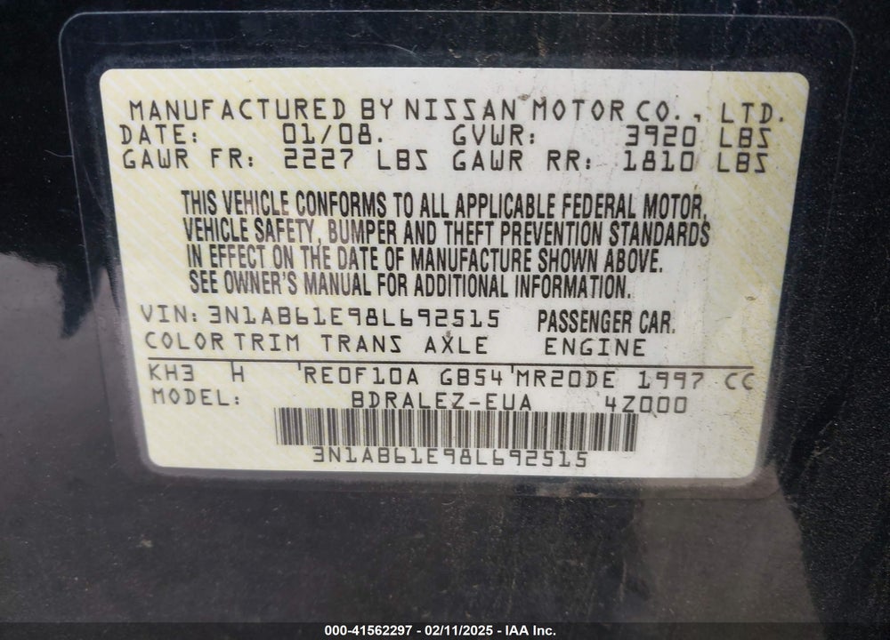 2008 NISSAN SENTRA 2.0S VIN: 3N1AB61E98L692515