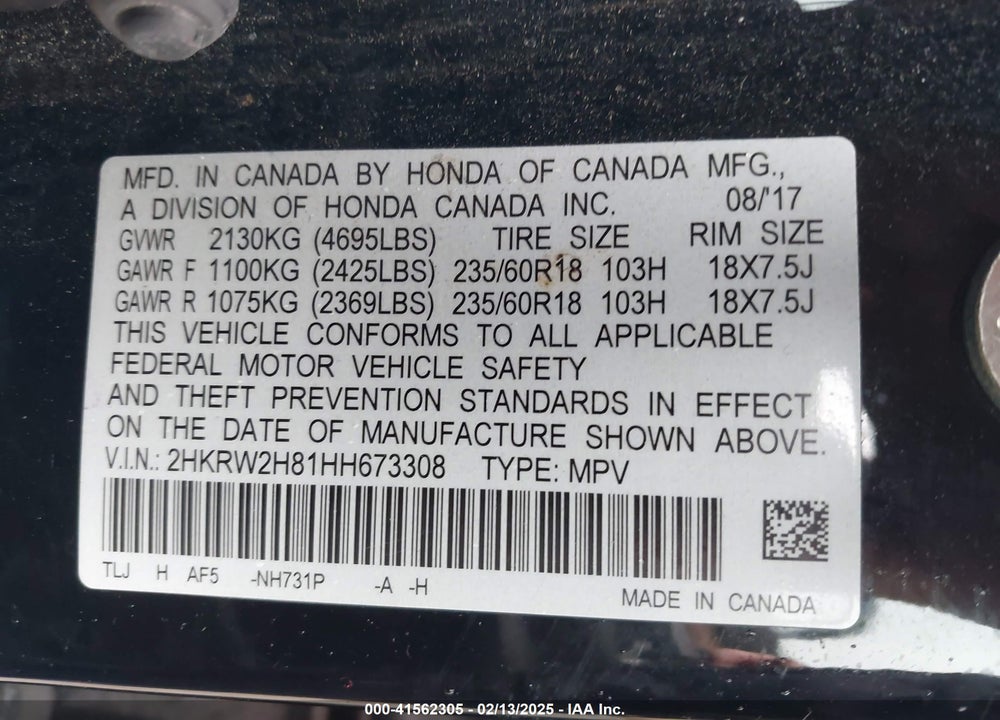 2017 HONDA CR-V EX-L/EX-L NAVI VIN: 2HKRW2H81HH673308